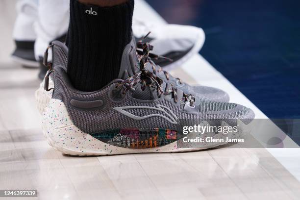 The sneakers worn by Jimmy Butler of the Miami Heat during the game against the Dallas Mavericks on January 20, 2023 at the American Airlines Center...