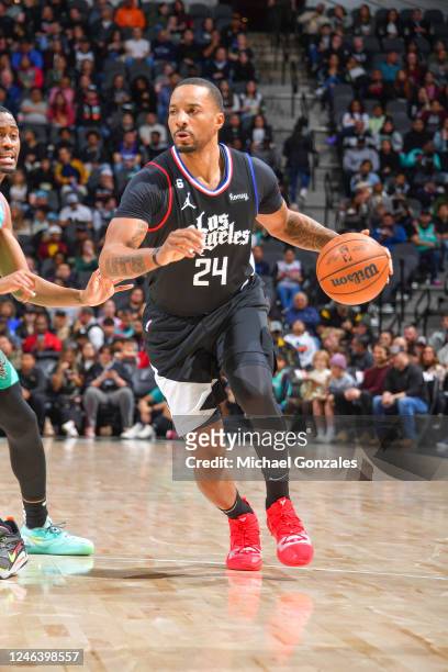 Norman Powell of the LA Clippers drives to the basket during the game against the San Antonio Spurs on January 20, 2023 at the AT&T Center in San...