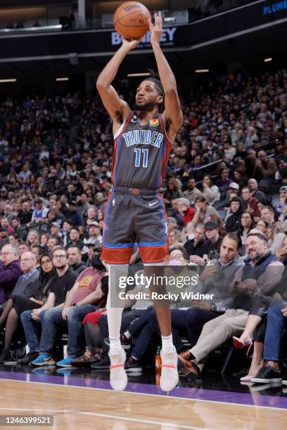 Isaiah Joe of the Oklahoma City Thunder shoots a three point basket during the game against the Sacramento Kings on January 20, 2023 at Golden 1...