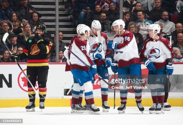Mikko Rantanen celebrates his goal with teammates during the second period of their NHL game against the Vancouver Canucks at Rogers Arena January...