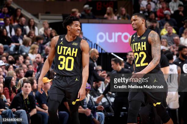 Ochai Agbaji and Rudy Gay of the Utah Jazz smiles during the game against the Brooklyn Nets on January 20, 2023 at vivint.SmartHome Arena in Salt...
