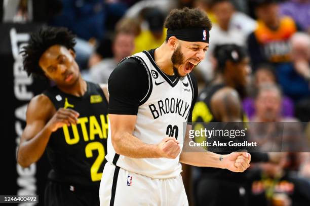 Seth Curry of the Brooklyn Nets celebrates a play during the second half of a game against the Utah Jazz at Vivint Arena on January 20, 2023 in Salt...