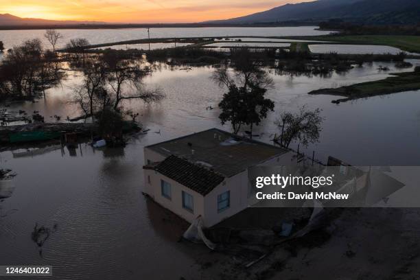 In an aerial view, flooding continues to cover much of the Salinas Valley, one of the most productive agricultural regions in California, from the...