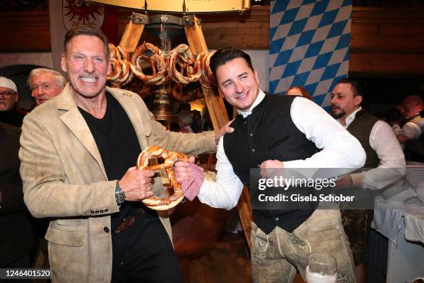 Ralf Moeller and Andreas Gabalier during the 30th Weißwurstparty at Hotel Stanglwirt on January 20, 2023 in Going near Kitzbühel, Austria.