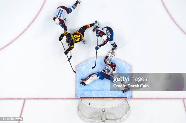 Elias Pettersson of the Vancouver Canucks scores a goal on Alexandar Georgiev of the Colorado Avalanche during the second period of their NHL game at...