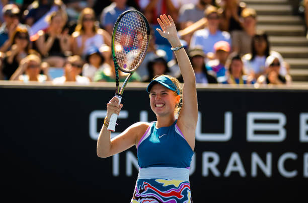 Linda Fruhvirtova of the Czech Republic reacts to converting match point against Marketa Vondrousova of the Czech Republic in her third round match...