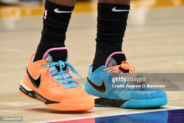 The sneakers worn by LeBron James of the Los Angeles Lakers during the game against the Memphis Grizzlies on January 20, 2023 at Crypto.Com Arena in...