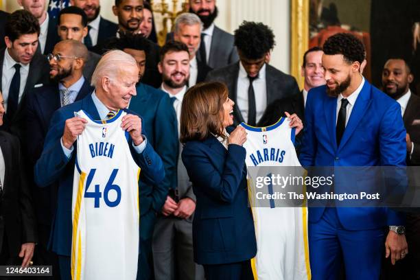 January 17, 2023: Golden State Warriors basketball player Stephen Curry presents US President Joe Biden and Vice President Kamala Harris with jerseys...