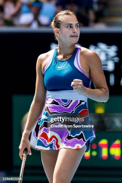 Aryna Sabalenka of Belarus celebrates during Round 3 of the 2023 Australian Open on January 21 2023, at Melbourne Park in Melbourne, Australia.