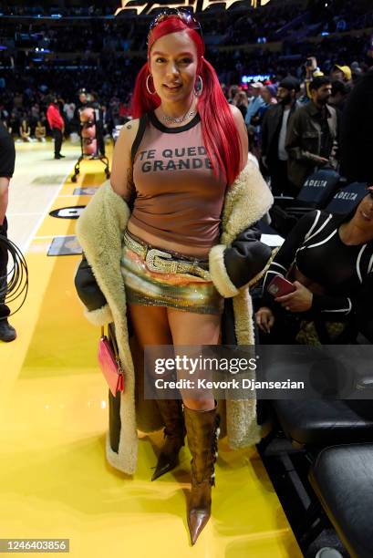 Karol G attends the Los Angeles Lakers and the Memphis Grizzlies basketball game at Crypto.com Arena on January 20, 2023 in Los Angeles, California....