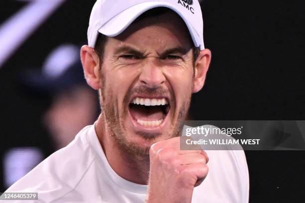 Britain's Andy Murray reacts after a point against Spain's Roberto Bautista Agut during their men's singles match on day six of the Australian Open...