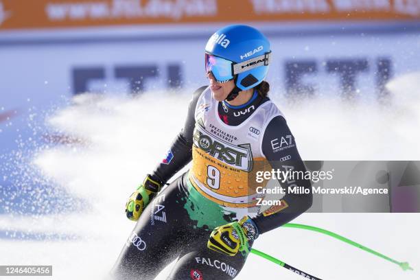 Elena Curtoni of Team Italy celebrates during the FIS Alpine Ski World Cup Women's Downhill on January 21, 2023 in Cortina d'Ampezzo, Italy.