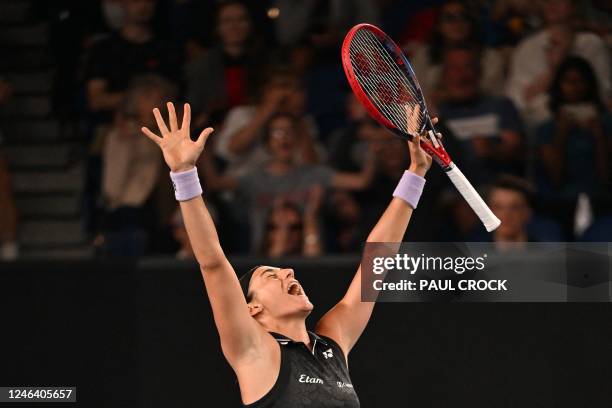 France's Caroline Garcia celebrates after victory against Germany's Laura Siegemund after their women's singles match on day six of the Australian...