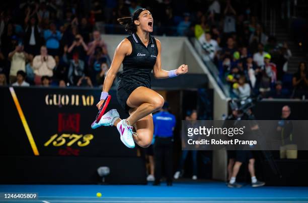 Caroline Garcia of France celebrates defeating Laura Siegemund of Germany in her third round match on Day 6 of the 2023 Australian Open at Melbourne...
