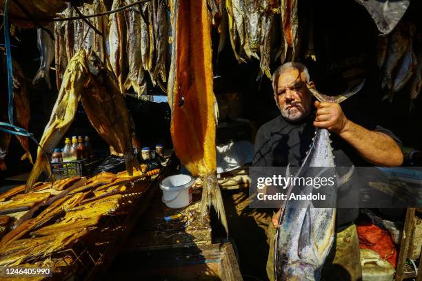 Fisherman prepares fish to dry in the sun after salting in Basra, Iraq on January 18, 2023. Also known as "al-Masmuta", dried fish is mostly in...