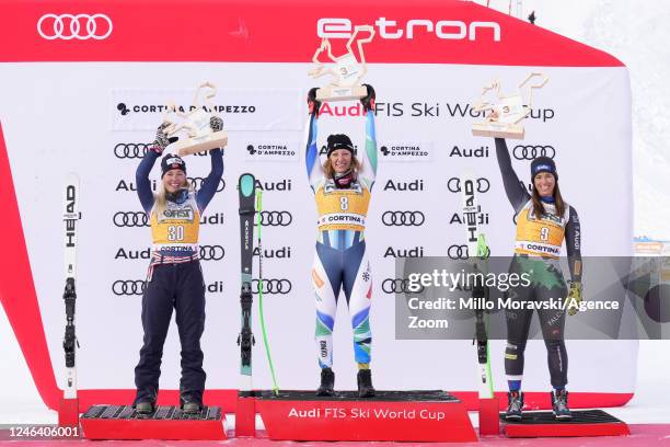 Kajsa Vickhoff Lie of Team Norway takes 2nd place, Ilka Stuhec of Team Slovenia takes 1st place, Elena Curtoni of Team Italy takes 3rd place during...