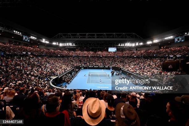 General view of Rod Laver Arena during the men's singles match between Serbia's Novak Djokovic and Bulgaria's Grigor Dimitrov on day six of the...