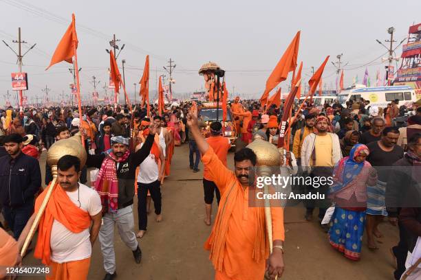 Sadhus arrived take a holy dip at the 'Sangam' the confluence of the rivers Ganges, Yamuna and mythical Saraswati, on the auspicious bathing day of...