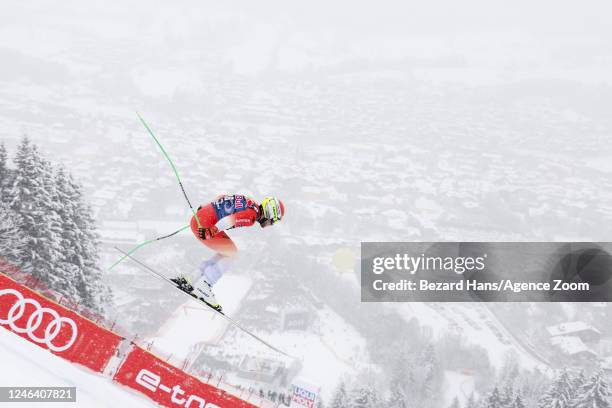 Justin Murisier of Team Switzerland competes during the Audi FIS Alpine Ski World Cup Men's Downhill on January 21, 2023 in Kitzbuehel, Austria.