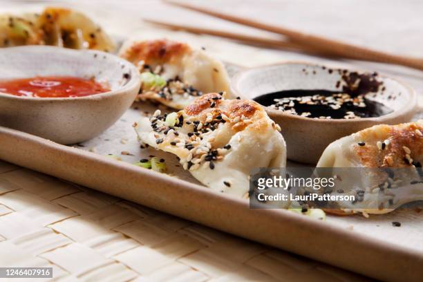 sesame seed crusted pan fried dumplings with soy sauce and green onions - differential focus stock pictures, royalty-free photos & images