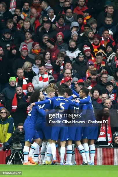 Chelsea celebrate the first goal during the Premier League match between Liverpool FC and Chelsea FC at Anfield on January 21, 2023 in Liverpool,...