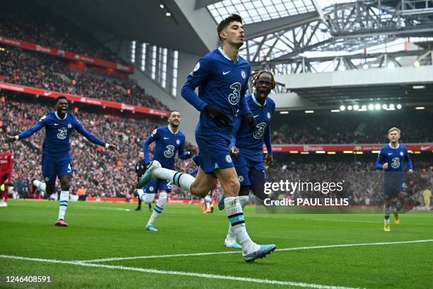 Chelsea's German midfielder Kai Havertz celebrates after scoring his team first goal that will be disallowed for an offside position during the...