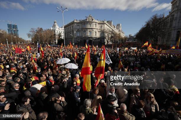 People gather at the Plaza de Cibeles to stage a protest against the Spanish government in Madrid, Spain on January 21, 2023.