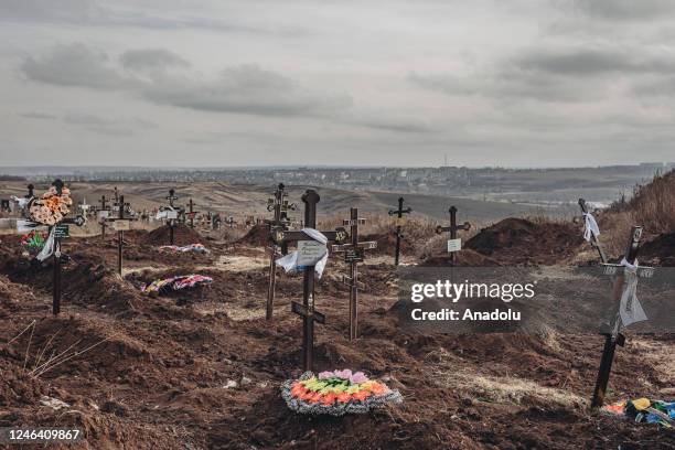 View of Chasiv Yar Cemetery with the graves of civilians killed last year, in Bakhmut, Ukraine as military mobility continues within the...