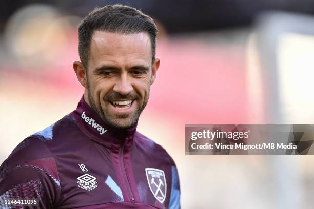 Danny Ings of West Ham United warms up before the Premier League match between West Ham United and Everton FC at London Stadium on January 21, 2023...