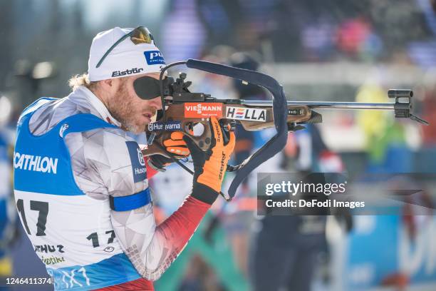 Simon Eder of Austria at the shooting range during the Men 10 km Sprint at the BMW IBU World Cup Biathlon Antholz-Anterselva on January 20, 2023 in...