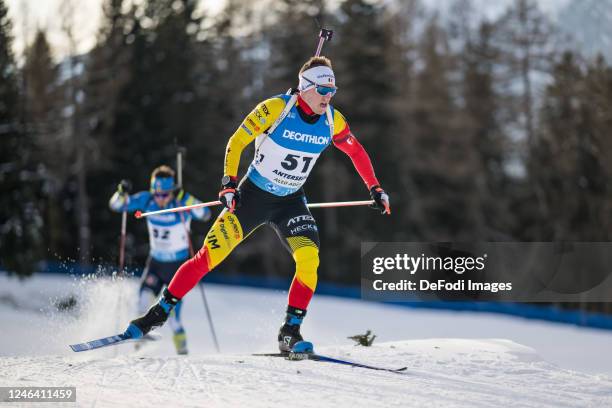 Thierry Langer of Belgium in action competes during the Men 10 km Sprint at the BMW IBU World Cup Biathlon Antholz-Anterselva on January 20, 2023 in...