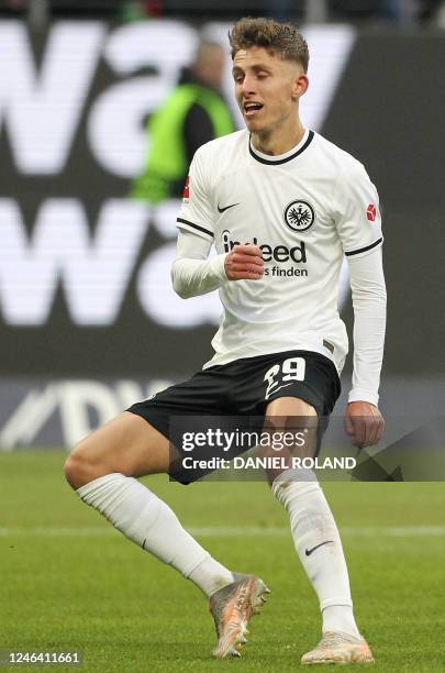 Frankfurt's Danish midfielder Jesper Lindstrom celebrates his 1-0 during the German first division Bundesliga football match Eintracht Frankfurt v...