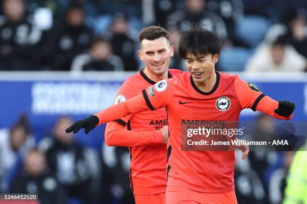 Kaoru Mitoma of Brighton & Hove Albion celebrates after scoring a goal to make it 0-1 during the Premier League match between Leicester City and...