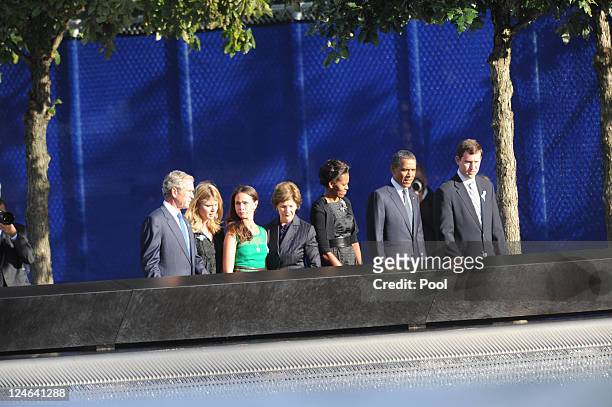President Barack Obama , first lady Michelle Obama , former President George W. Bush and former first lady Laura Bush with their daughters Jenna Bush...