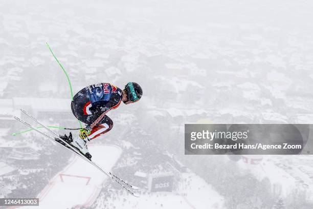 Broderick Thompson of Team Canada in action during the Audi FIS Alpine Ski World Cup Men's Downhill on January 21, 2023 in Kitzbuehel, Austria.
