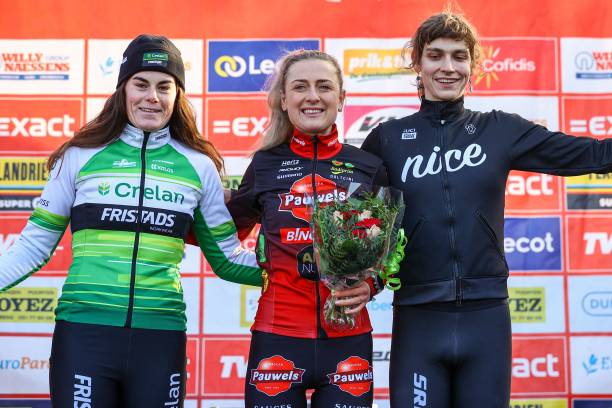 Belgian Marion Norbert Riberolle, Dutch Denise Betsema and American Austin Killips pictured on the podium after the women's elite race of the...