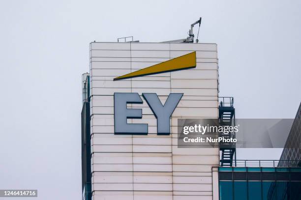 Logo is seen on a building in Warsaw, Poland on January 19, 2023.