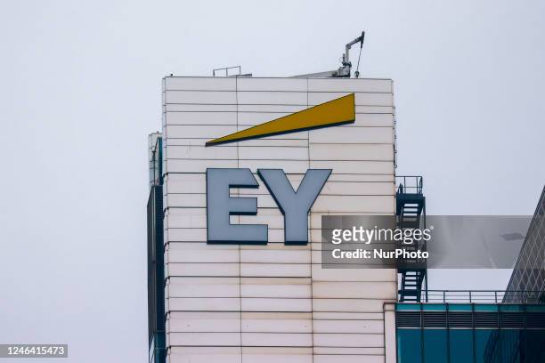 Logo is seen on a building in Warsaw, Poland on January 19, 2023.