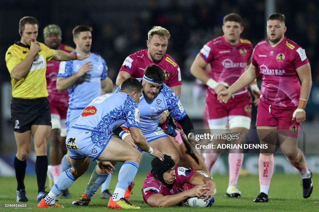 Rus Rugby Exeter Exeter Chiefs' Welsh lock Dafydd Jenkins gathers the ball during the ...