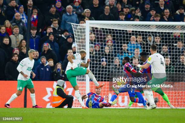 Joelinton of Newcastle United shoots and appeals for hand ball during the Premier League match between Crystal Palace and Newcastle United at...