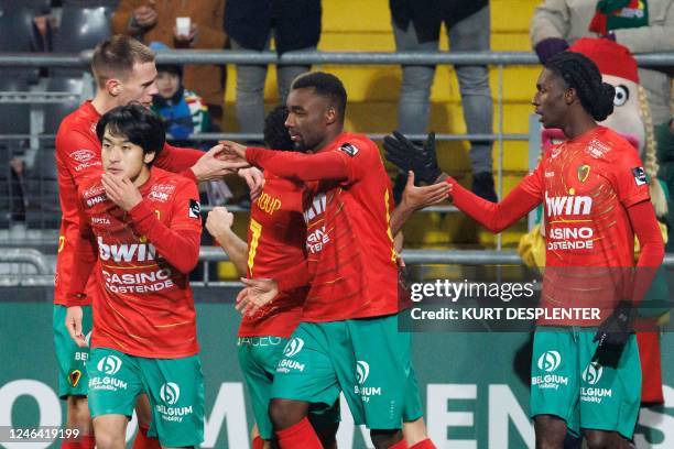 Oostende's Thierry Ambrose celebrates after scoring during a soccer match between KV Oostende and Cercle Brugge, Saturday 21 January 2023 in...