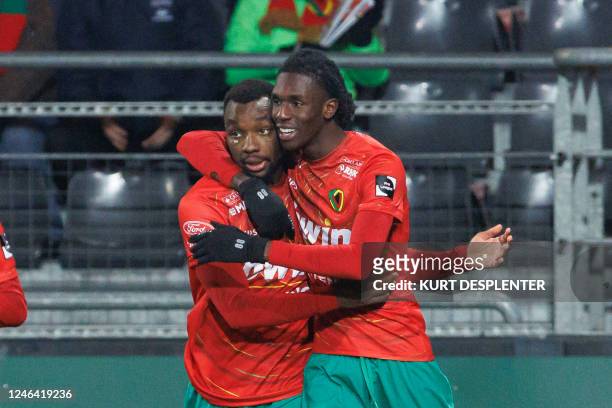 Oostende's Thierry Ambrose celebrates after scoring during a soccer match between KV Oostende and Cercle Brugge, Saturday 21 January 2023 in...