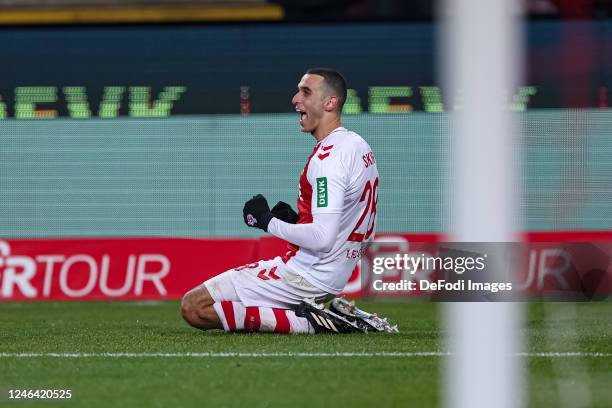 Ellyes Skhiri of 1. FC Koeln celebrates after scoring his team's sixth goal during the Bundesliga match between 1. FC Köln and SV Werder Bremen at...