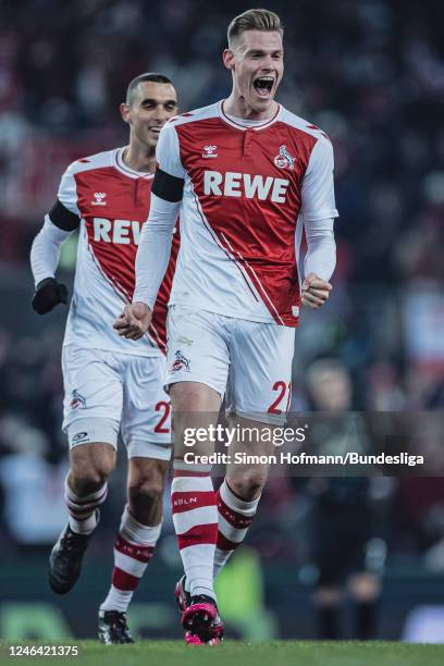 Steffen Tigges of Köln celebrates his side's third goal during the Bundesliga match between 1. FC Köln and SV Werder Bremen at RheinEnergieStadion on...