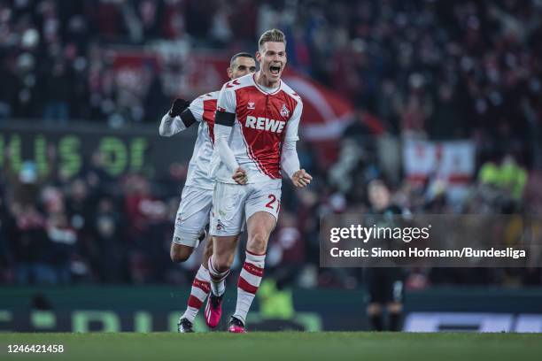 Steffen Tigges of Köln celebrates his side's third goal during the Bundesliga match between 1. FC Köln and SV Werder Bremen at RheinEnergieStadion on...