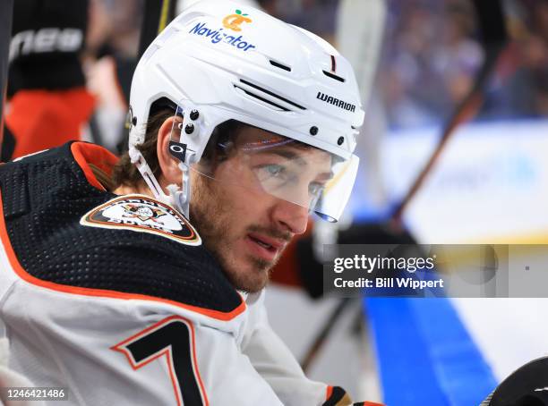 Jayson Megna of the Anaheim Ducks watches play from the bench during an NHL game against the Buffalo Sabres on January 21, 2023 at KeyBank Center in...