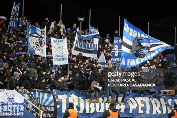 Bastia's supporters cheer their team during the French Cup round of 32 football match between SC Bastia and FC Lorient at Armand Cesari stadium in...