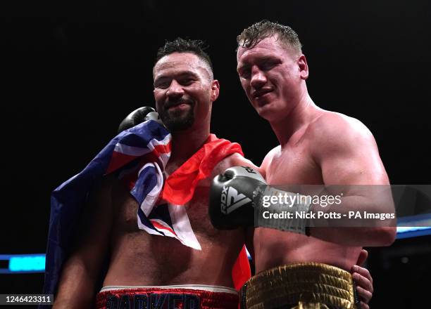 Joseph Parker celebrates victory against Jack Massey in the heavyweight bout at the AO Arena, Manchester. Picture date: Saturday January 21, 2023.