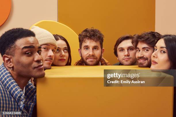 Owen Thiele, Jimmy Tatro, Molly Gordon, Ben Platt, Nick Lieberman, Noah Galvin and Patti Harrison of Theater Camp pose for a portrait at Getty Images...