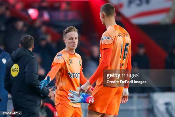 Goalkeeper Daan Reiziger of Vitesse Arnhem and Goalkeeper Kjell Scherpen of Vitesse Arnhem substitutes during the Dutch Eredivisie match between PSV...